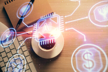 Double exposure of ai sketch and table top veiw. Concept of data analysis.