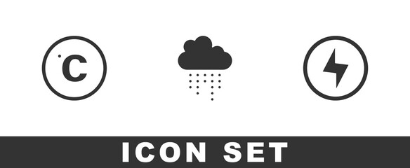 Set Celsius, Cloud with rain and Lightning bolt icon. Vector.