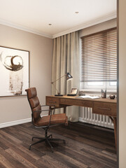 Home interior with workplace. Desk by the window. 3d illustration