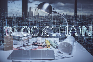 Double exposure of crypto technology theme drawing and office interior background. Concept of...