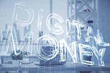 Double exposure of crypto technology theme drawing and office interior background. Concept of blockchain.