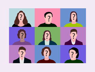 Set of Unknown person portraits. Human head with no face and question mark. Anonymous person concept