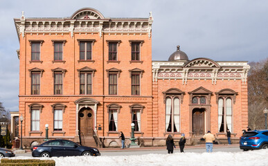 Saratoga Springs, NY - USA - Mar. 6, 2021: Landscape view of the historic Canfield Casino main...