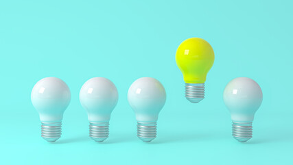 3D Scene. Yellow light bulb Floating over a white light bulb