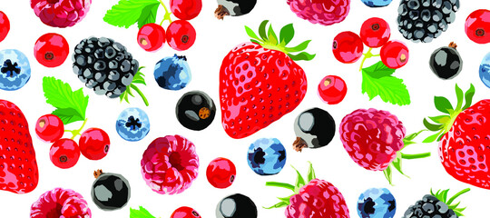 Berry vector seamless pattern. Raspberry, blackberry, strawberry and blueberry.