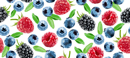 Berry  seamless pattern. Raspberry, blackberry and blueberry.