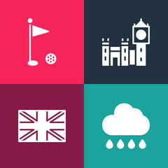 Set pop art Cloud with rain, Flag of Great Britain, Big Ben tower and Golf flag icon. Vector.