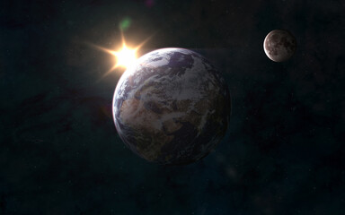 Fototapeta na wymiar Planet Earth. Moon. Sunrise. Solar system. 3D render. Science fiction. Elements of this image furnished by NASA