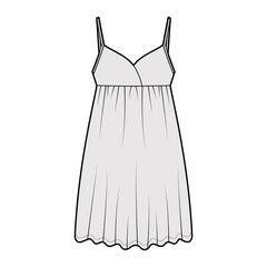 Babydoll dress Sleepwear Pajama technical fashion illustration with mini length, oversized, adjustable shoulder straps, trapeze silhouette. Flat front, grey color style. Women, men unisex CAD mockup