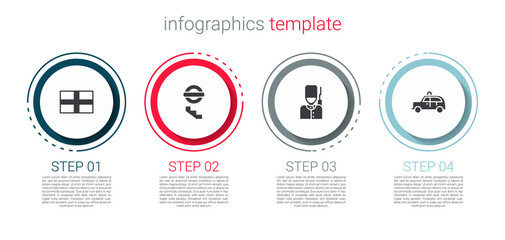Set Flag of England, London underground, British soldier and Taxi car. Business infographic template. Vector.