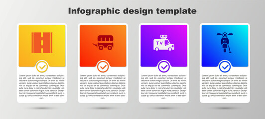 Set Road, Wild west covered wagon, TV News car and Scooter. Business infographic template. Vector.