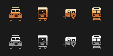 Set Car, Delivery cargo truck, Rv Camping trailer and Train and railway icon. Vector.