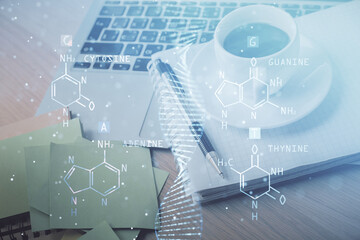 Double exposure of DNA drawing and desktop with coffee and items on table background. Concept of medical science education