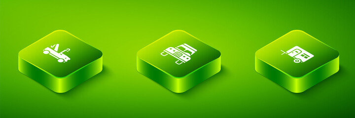 Set Isometric Car, Rv Camping trailer and Tow truck icon. Vector.