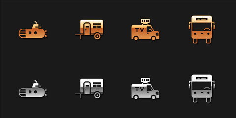 Set Submarine, Rv Camping trailer, TV News car and Bus icon. Vector.