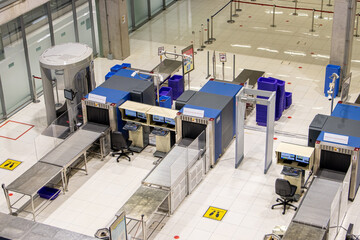 Fototapeta na wymiar An empty checkpoint with scanners for control passengers and his baggage at the airport.