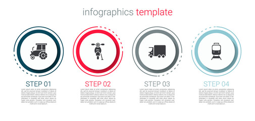 Set Tractor, Scooter, Delivery cargo truck and Train and railway. Business infographic template. Vector.