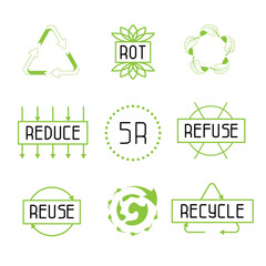 Five r concept. Reuse, resycle, reduce, refuse, rot concept illustration, Set zero waste symbols. Ecological lifestyle. Save our planet. 