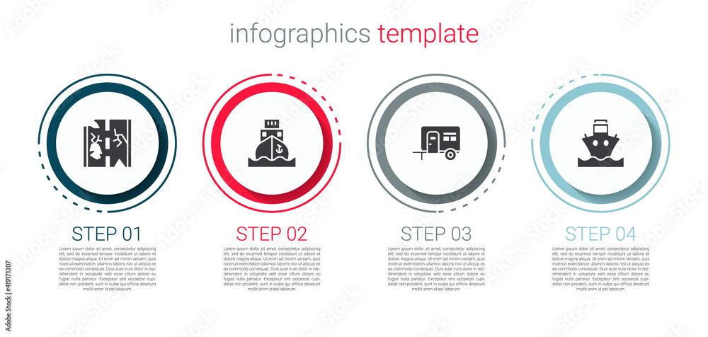 Poster set broken road, cargo ship, rv camping trailer and . business infographic template. vector.