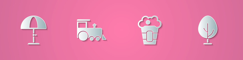Set paper cut Sun protective umbrella, Toy train, Popcorn box and Tree icon. Paper art style. Vector.
