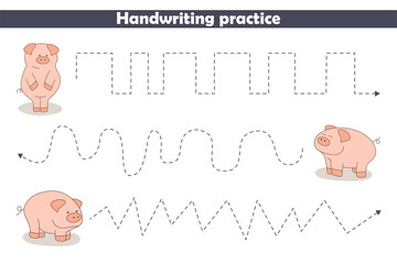 Handwriting practices with pigs. Children's cartoon tasks with pigs. Preschool education, developing children's game, printable sheet, learning to write. Vector illustration.