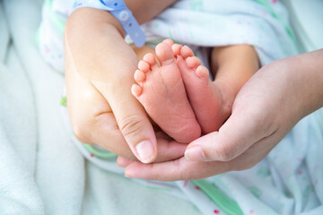 Baby feet in mother hands, Mom and her Child, Happy Family concept,Beautiful conceptual image of Maternity.