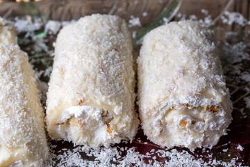 Traditional Turkish desserts; palace wrap with coconut (Turkish name; Saray wrap or Saray sarmasi)