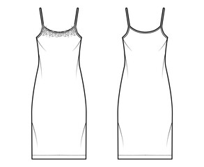 Set of Chemise lace dresses Sleepwear Pajama technical fashion illustration with knee length, oversized, scoop neck cami. Flat apparel front, white color style. Women, men unisex CAD mockup