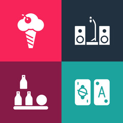 Set pop art Tarot cards, Bottles ball, Home stereo with two speakers and Ice cream in waffle cone icon. Vector.