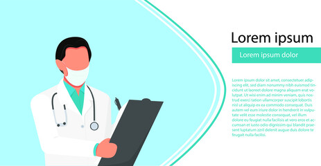 Web banner with a young doctor holding a tablet for writing in mask and uniform with a stethoscope. Vector illustration