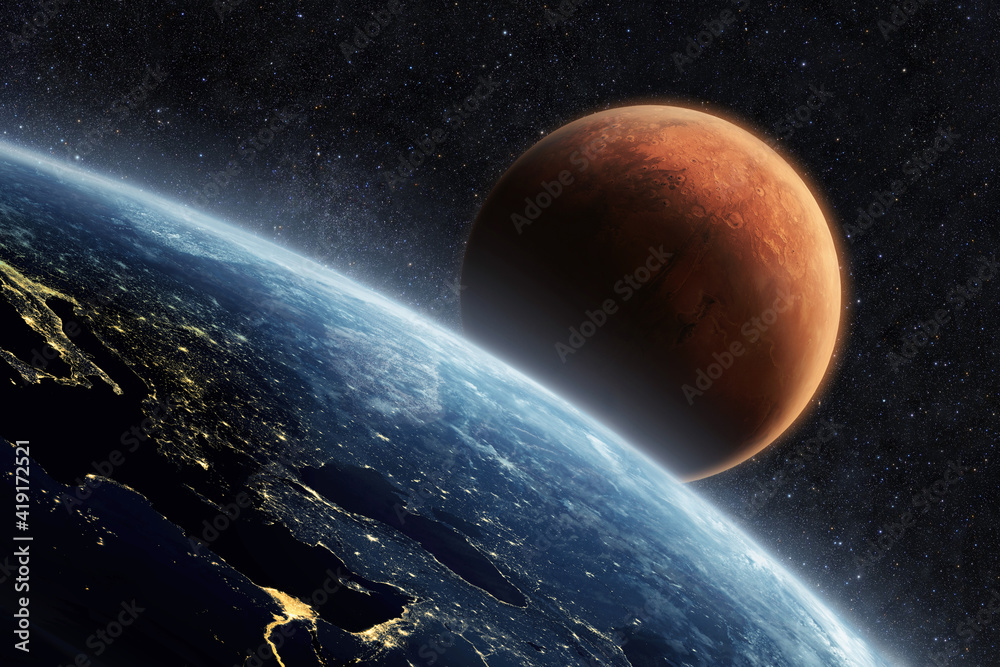 Poster blue planet earth with lights of night cities, view from space. red planet mars in the starry sky. t