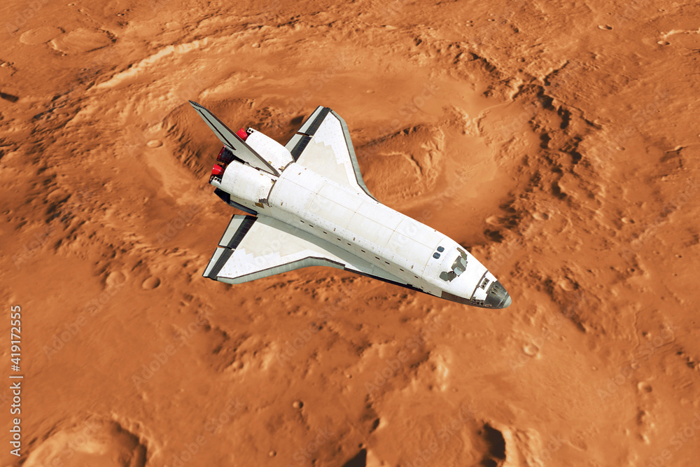 Poster Space rocket shuttle flies over the red planet Mars, top view. Spaceship completes a mission and exploring a new planet.