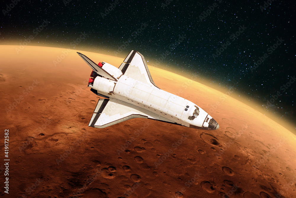 Aufkleber space shuttle rocket is flying to the red planet mars into outer space. spacecraft performs a missio