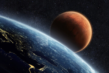 Blue planet earth with lights of night cities, view from space. Red Planet Mars in the starry sky....