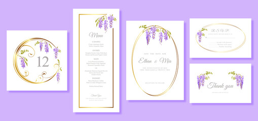 vector set wedding invitation cards template with wisteria flowers - obrazy, fototapety, plakaty