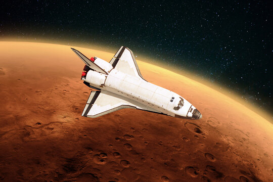 Space shuttle rocket is flying to the red planet Mars into outer space. Spacecraft performs a mission, journey and explores a new planet. - Powered by Adobe