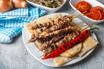 Traditional delicious Turkish foods; skewers (Turkish name; cop sis)