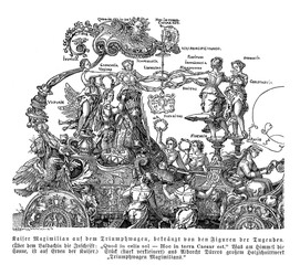 Maximilian I, crowned Holy Roman Emperor on the triumph carriage year 1508,  engraving by Albrecht Duerer