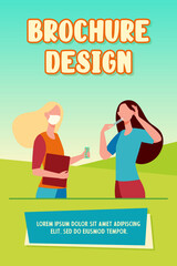 Woman in mask meeting with sick female friend. Thermometer, pills, flu symptoms flat vector illustration. Infection, treatment, healthcare concept for banner, website design or landing web page
