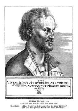 Philip Melanchthon (1497-1560), Professor of Greek at the University of Wittenberg, engraving by Albrecht Duerer, year 1526, with a Latin inscription (German translation under)