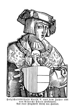 Caricature of  the Holy Roman Emperor Charles V in the year 1521, engraving by Albrecht Duerer for a satirical pamphlet by Ulrich von Hutten