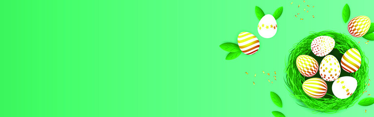 Golden Easter eggs in the basket of fresh green grass. Easter banner in flat lay style