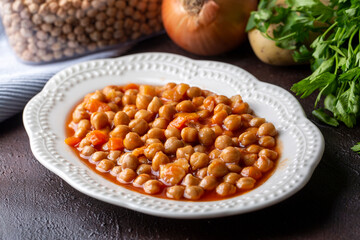 Traditional delicious Turkish food; Chickpea stew (Turkish name; Nohut pilaki)