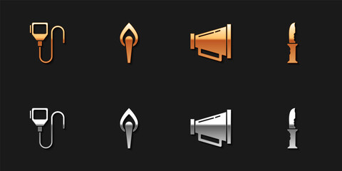 Set Walkie talkie, Torch flame, Megaphone and Military knife icon. Vector.