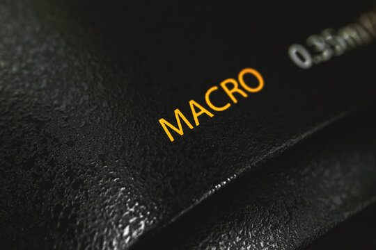 Macro marking on DSLR camera lens, close-up