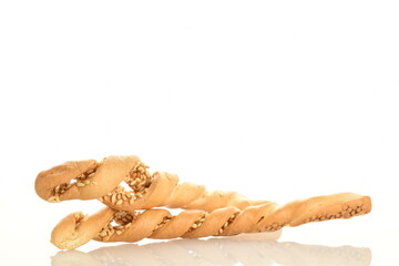 Two delicious grissini bread sticks, close-up, isolated on white.