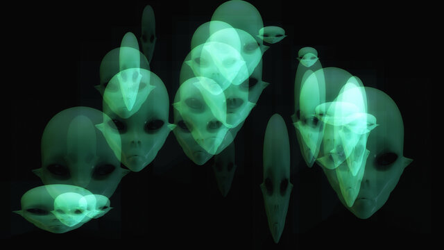 Artistic 3D illustration of alien faces