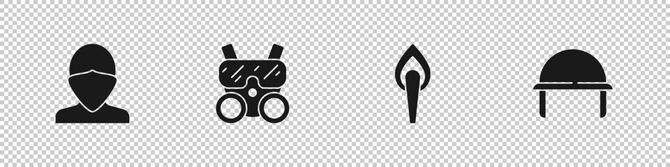 Set Vandal, Gas mask, Torch flame and Military helmet icon. Vector.