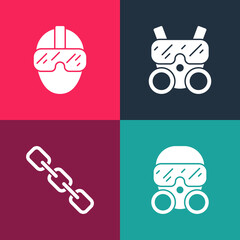 Set pop art Gas mask, Chain link, and Special forces soldier icon. Vector.