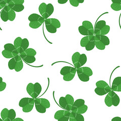 Fototapeta na wymiar Green three-leaves and four-leafed clover leaves seamless pattern. Vector illustration in cartoon flat style. Saint Patrick's Day background.